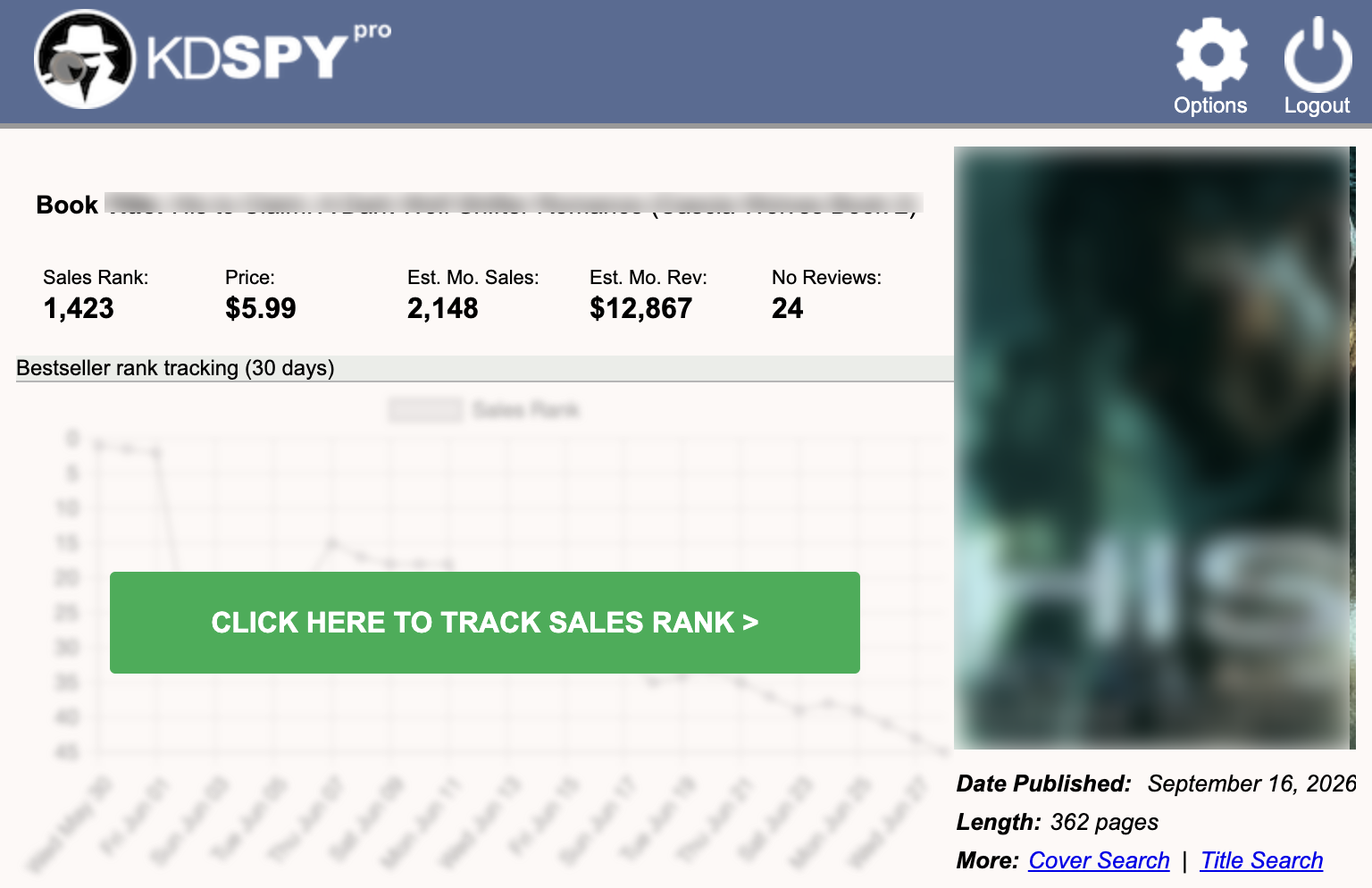 KD Spy book view of an urban fantasy release with estimated revenue, cover and title blurred