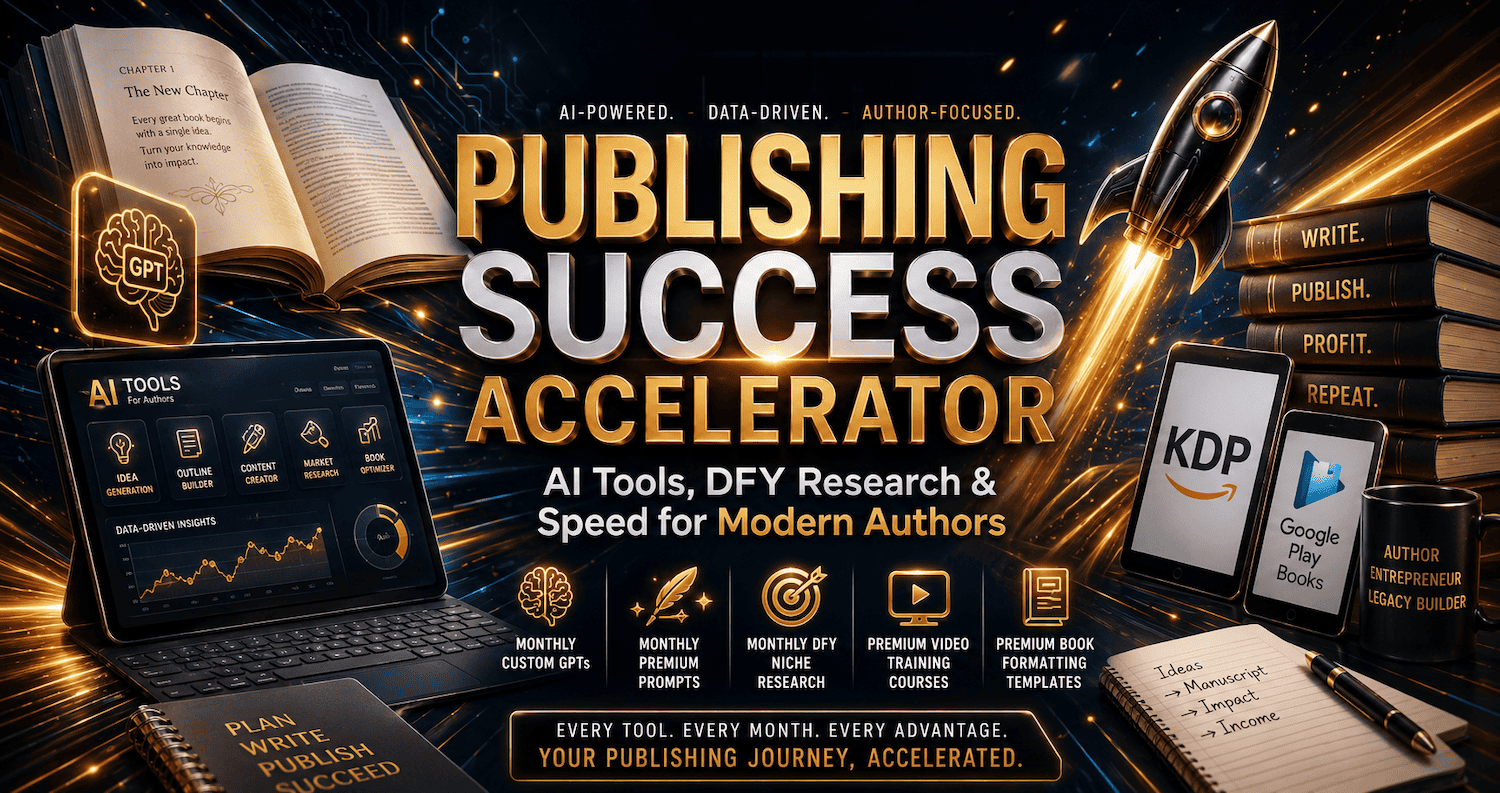 Publishing Success Accelerator official banner showing books, AI publishing tools, Amazon KDP, Google Play Books, and a launching rocket