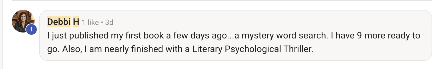 Debbi H. review: first book published, 9 more ready, literary psychological thriller on the way