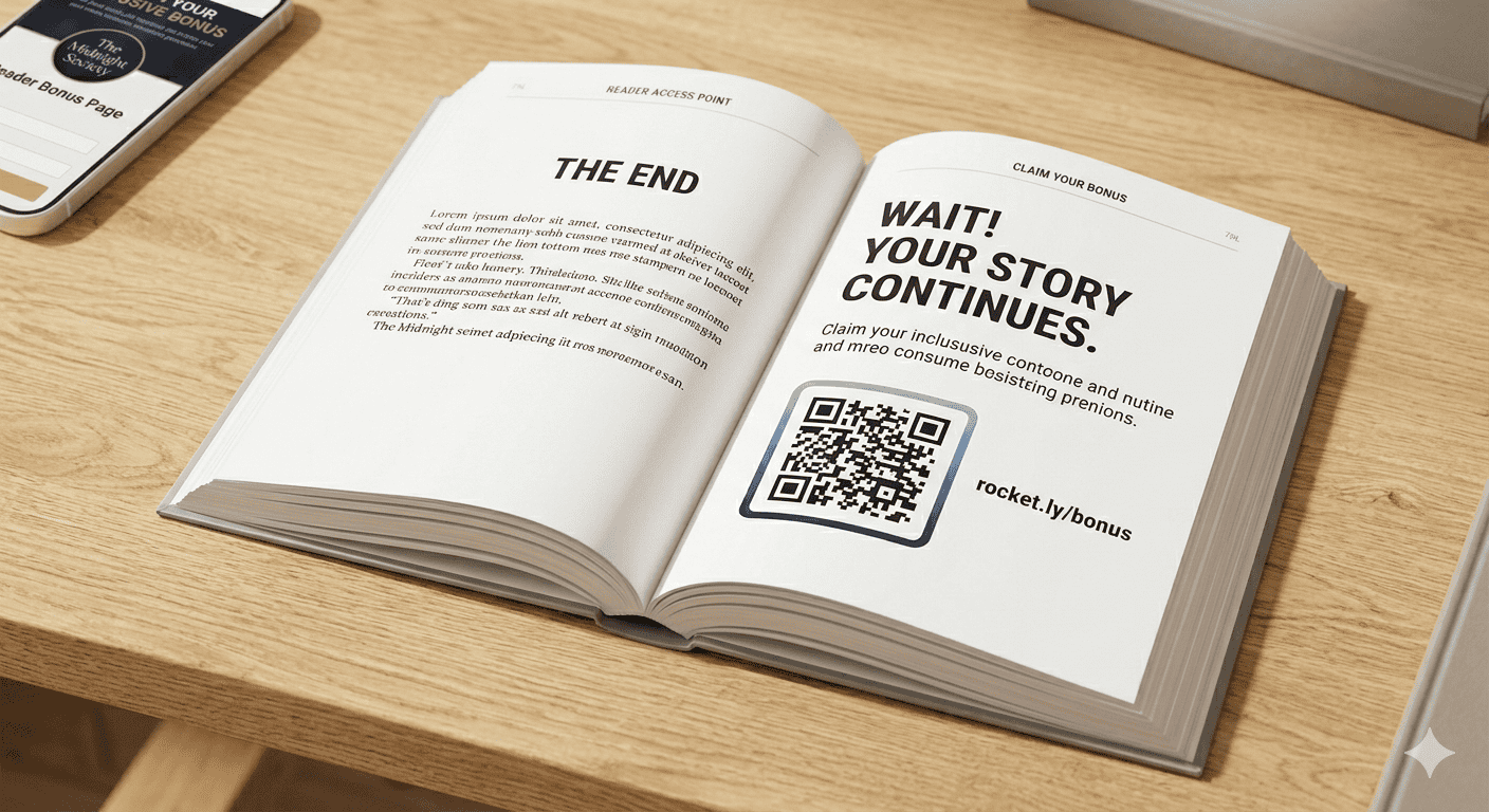 A reader link and QR code placed inside a paperback book
