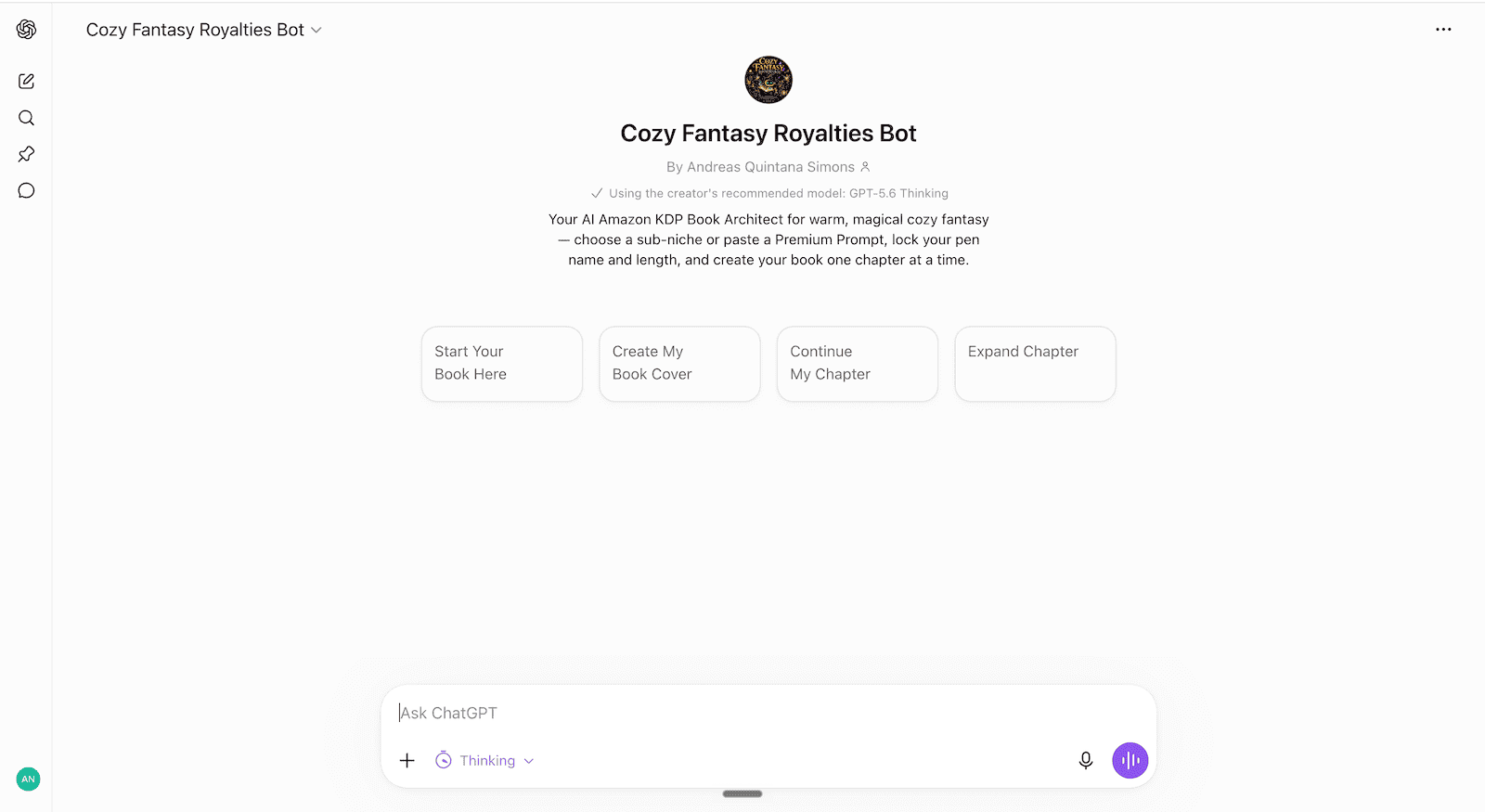 Cozy Fantasy Royalties Bot — opening screen in ChatGPT