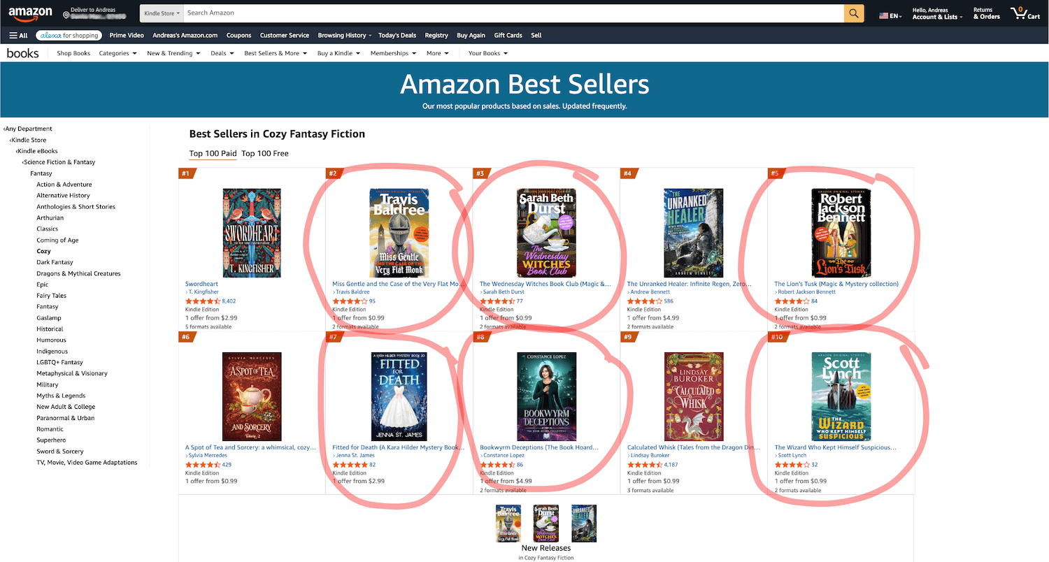 Amazon Best Sellers Cozy Fantasy Fiction — most Top 10 titles have fewer than 100 reviews