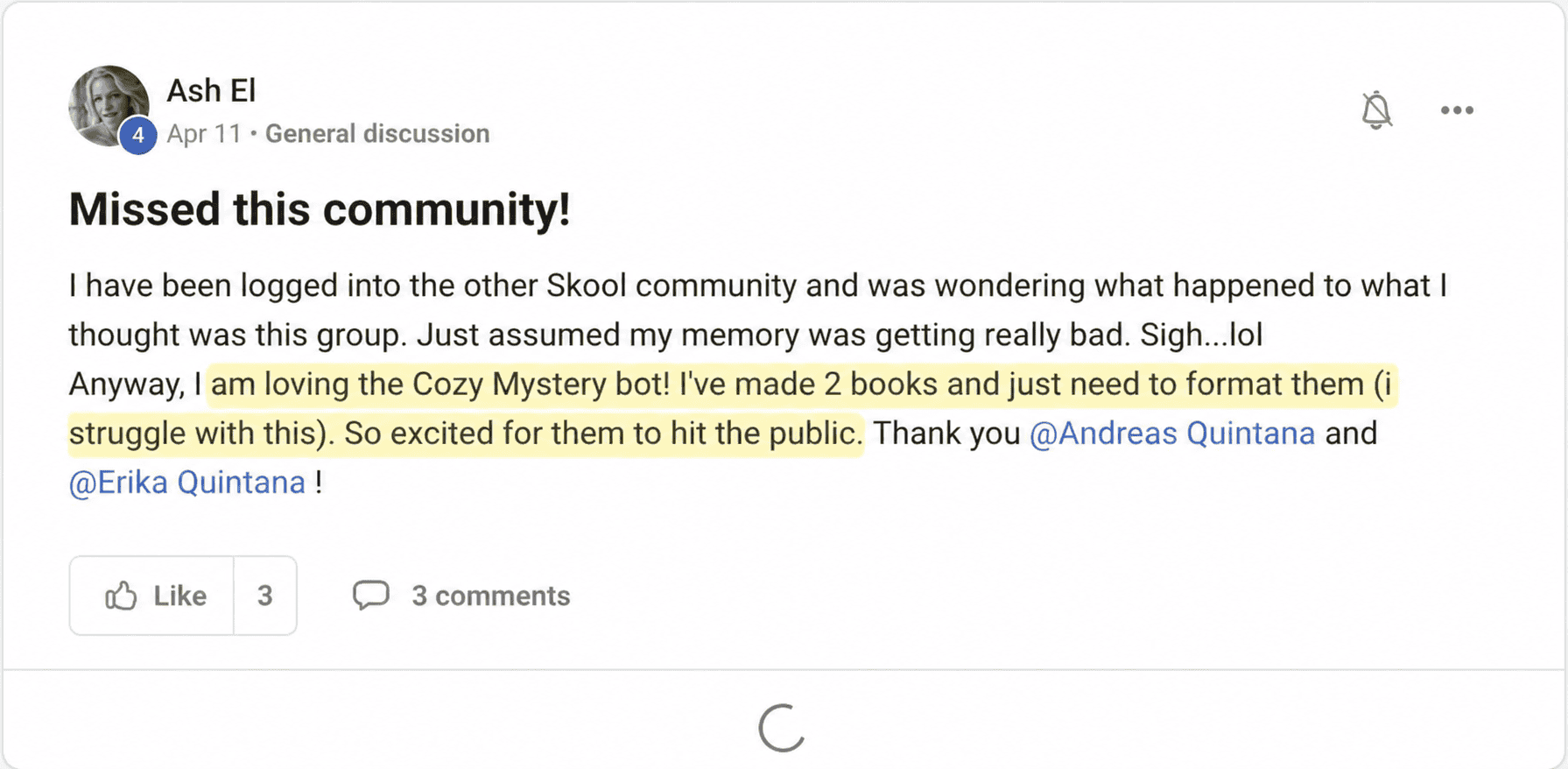 Ash El — loves the Cozy Mystery bot; two books ready for publication