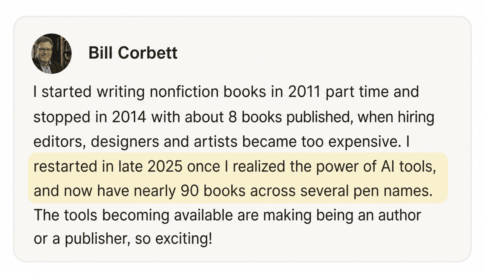 Bill Corbett — restarted publishing with AI; nearly 90 books across pen names