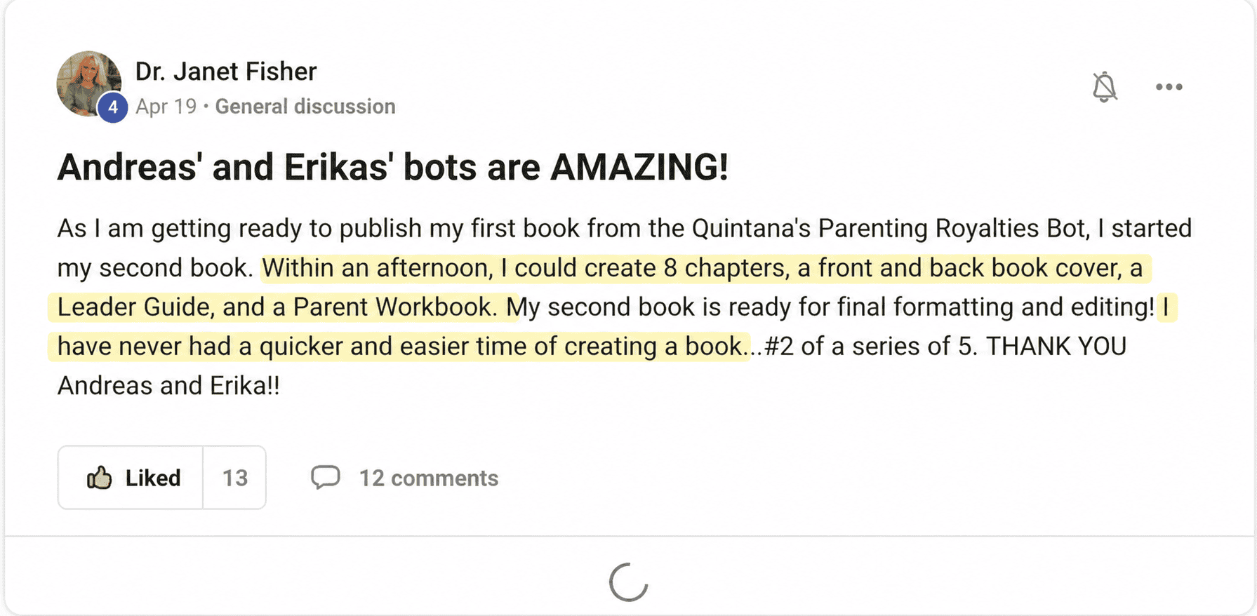 Dr. Janet Fisher — calls the bots amazing; chapters, covers, and workbooks in one afternoon