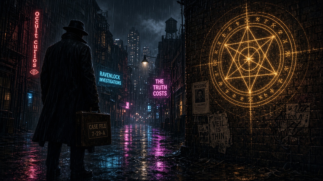 Urban fantasy case street with neon city atmosphere
