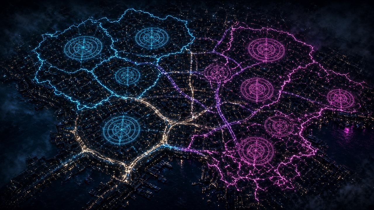 Urban fantasy faction map showing neon ward territories